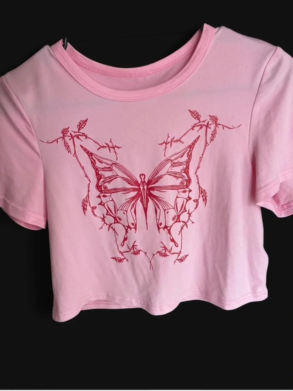 Pink Tee with Red Butterfly Graphic